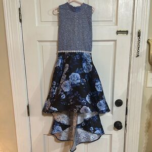 EUC Speechless Dress with blue floral high low skirt and beautiful sparkly top